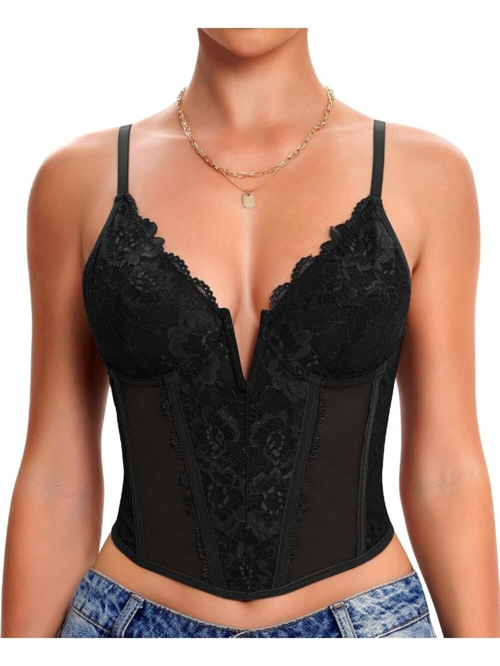 Women's Black V-neck Boned Bodice 3-row Back Hook Underwire Mesh Lace Corset Top